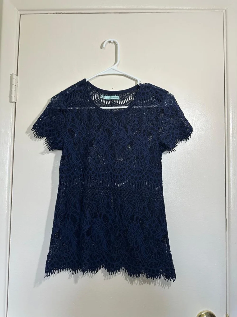Maurices Navy Lace Overlay Short Sleeve Crop Blouse Top • Size/S